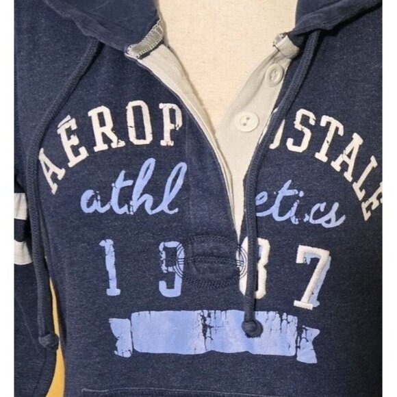 Aeropostale Y2K Hoodie XL Blue Embroidered 1987 Logo Button Kangaroo Stripe VTG - Picture 4 of 8